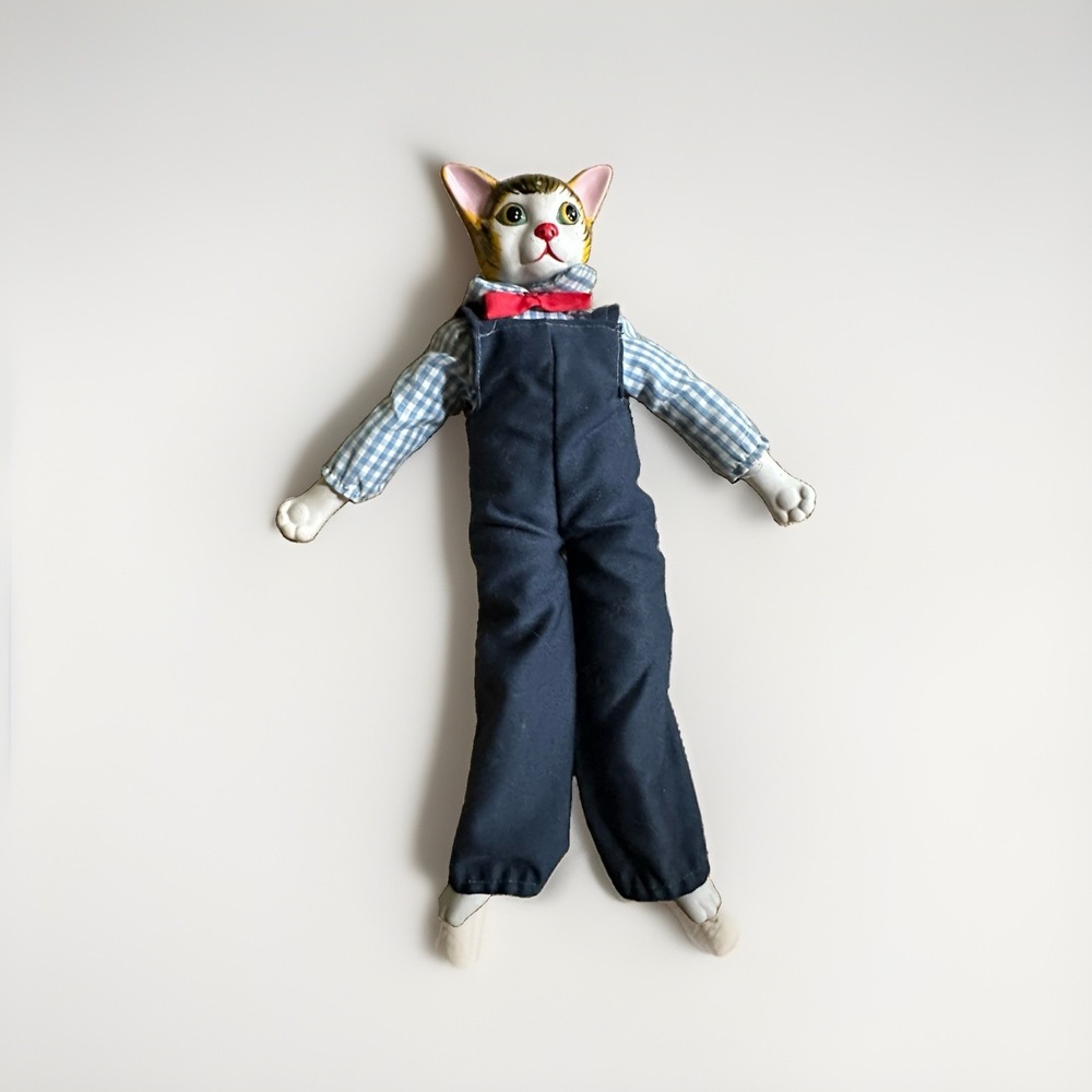 Prestige Cat Ceramic Doll Soft Body 15" Figure Boy Farmer Outfit Toy Vintage